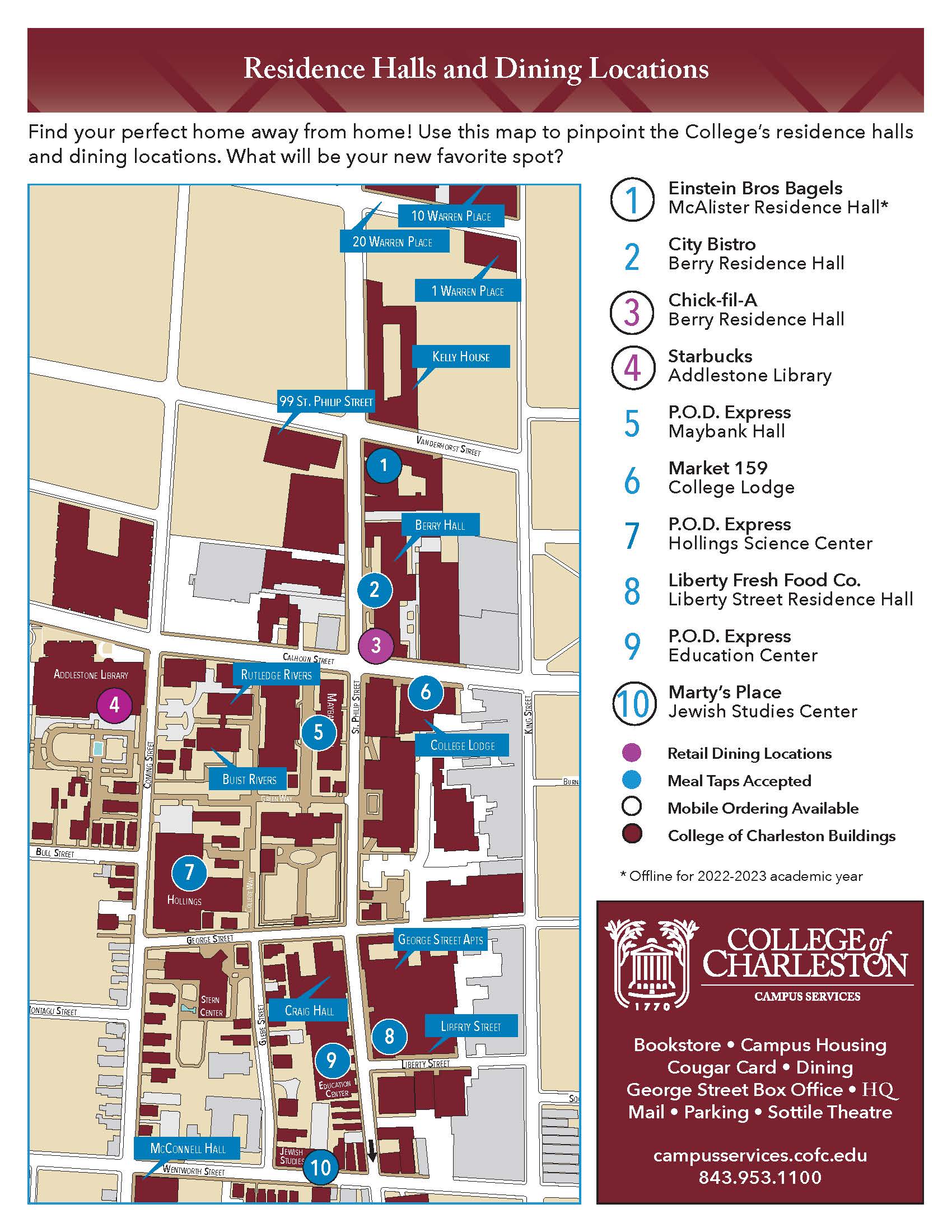 map of CofC's residence halls and dining locations